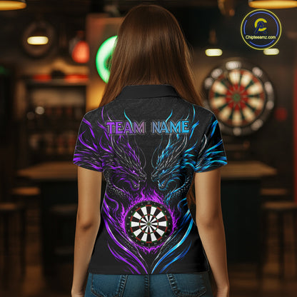 Blue And Purple Custom Dragon Fire Darts Shirts For Women, Darts League Team Jersey Polo & 1/4 Zip TDM7851