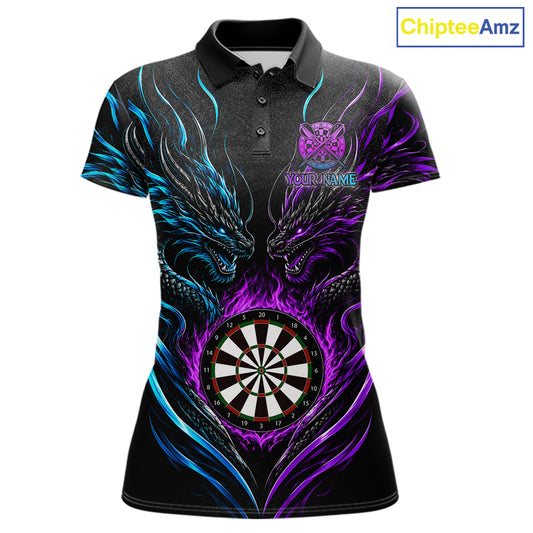 Blue And Purple Custom Dragon Fire Darts Shirts For Women, Darts League Team Jersey Polo & 1/4 Zip TDM7851