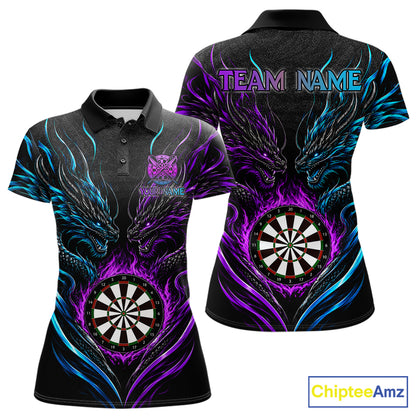 Blue And Purple Custom Dragon Fire Darts Shirts For Women, Darts League Team Jersey Polo & 1/4 Zip TDM7851