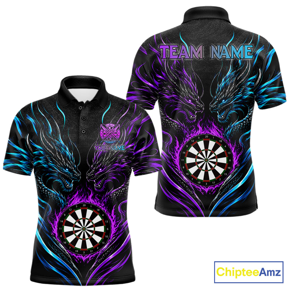 Blue And Purple Custom Dragon Fire Darts Shirts For Men, Darts League Team Jersey Polo & 1/4 Zip TDM7851