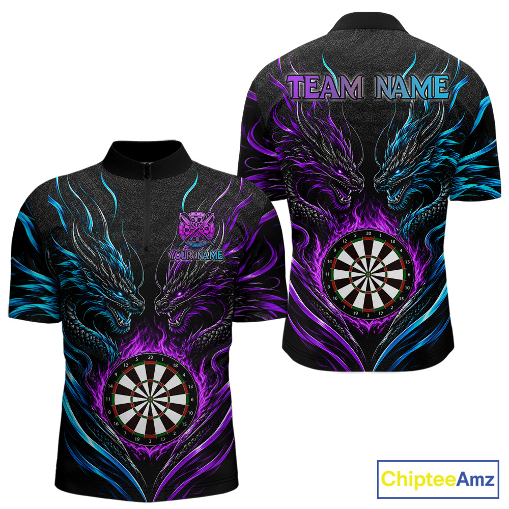 Blue And Purple Custom Dragon Fire Darts Shirts For Men, Darts League Team Jersey Polo & 1/4 Zip TDM7851