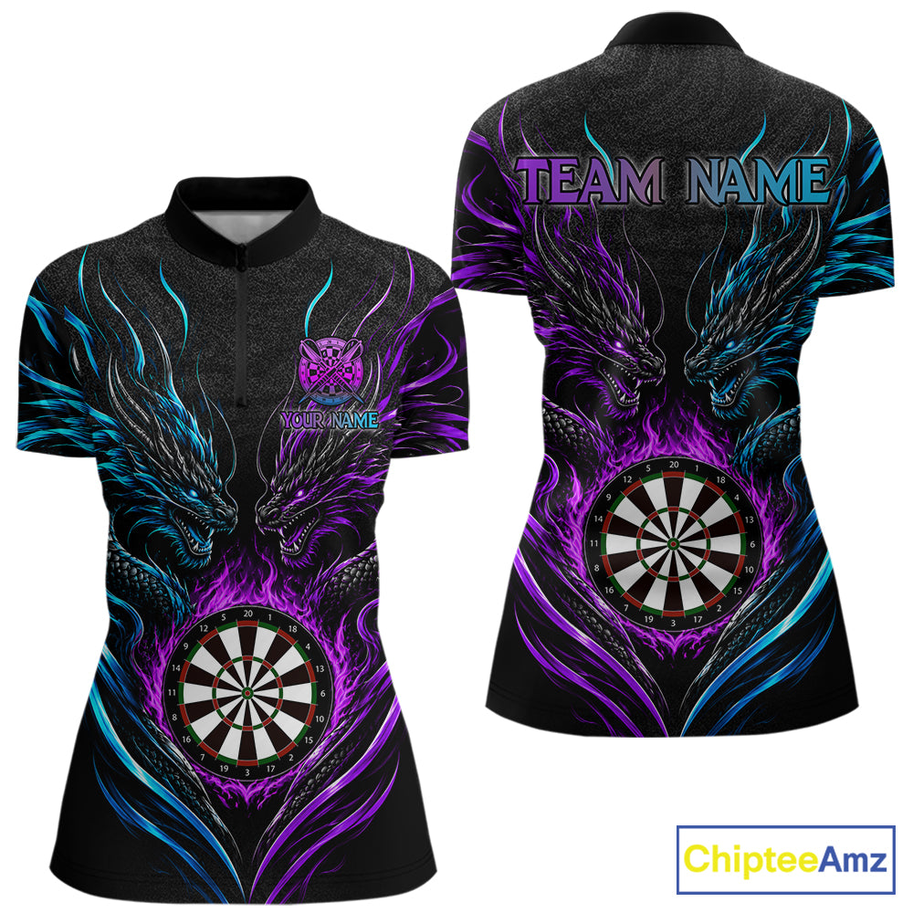 Blue And Purple Custom Dragon Fire Darts Shirts For Women, Darts League Team Jersey Polo & 1/4 Zip TDM7851