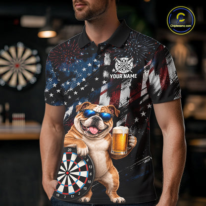 Funny Bulldog Grunge American Flag Darts Shirt For Men Custom Darts Jersey Team Polo & 1/4 Zip TDM7852