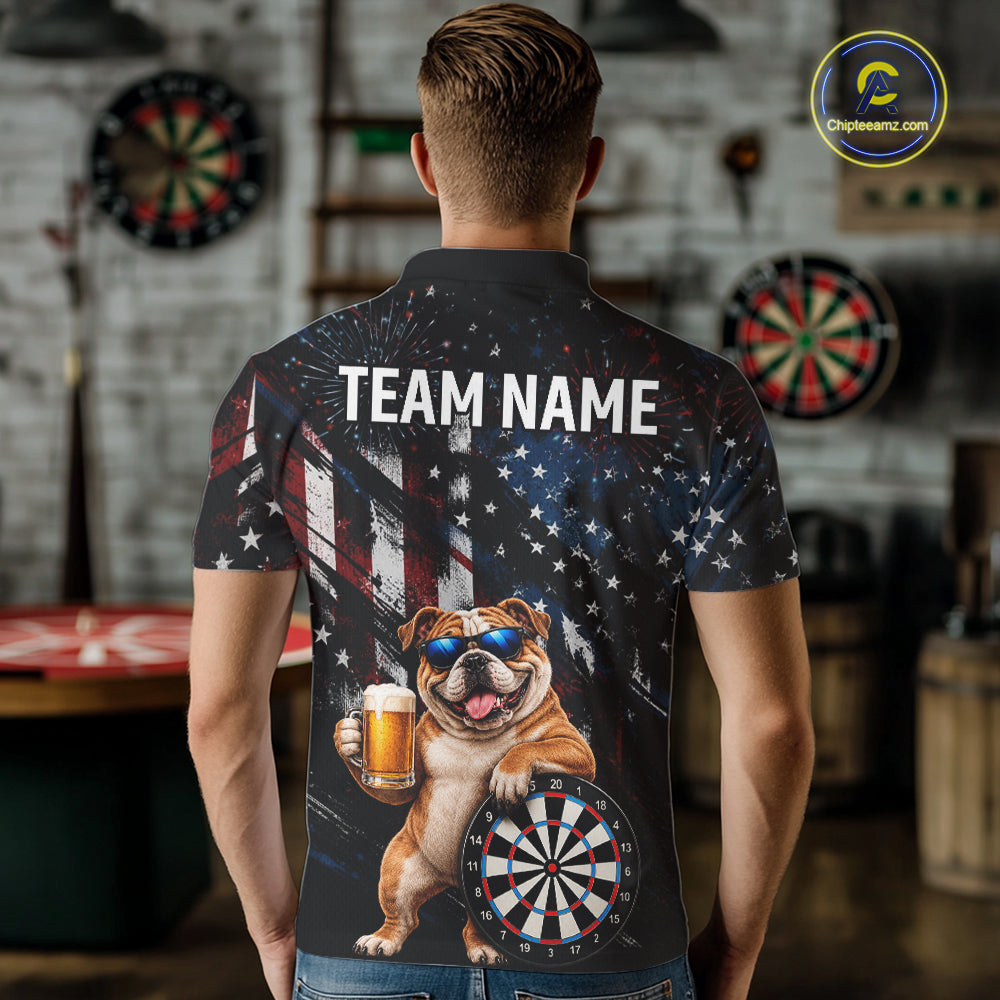 Funny Bulldog Grunge American Flag Darts Shirt For Men Custom Darts Jersey Team Polo & 1/4 Zip TDM7852