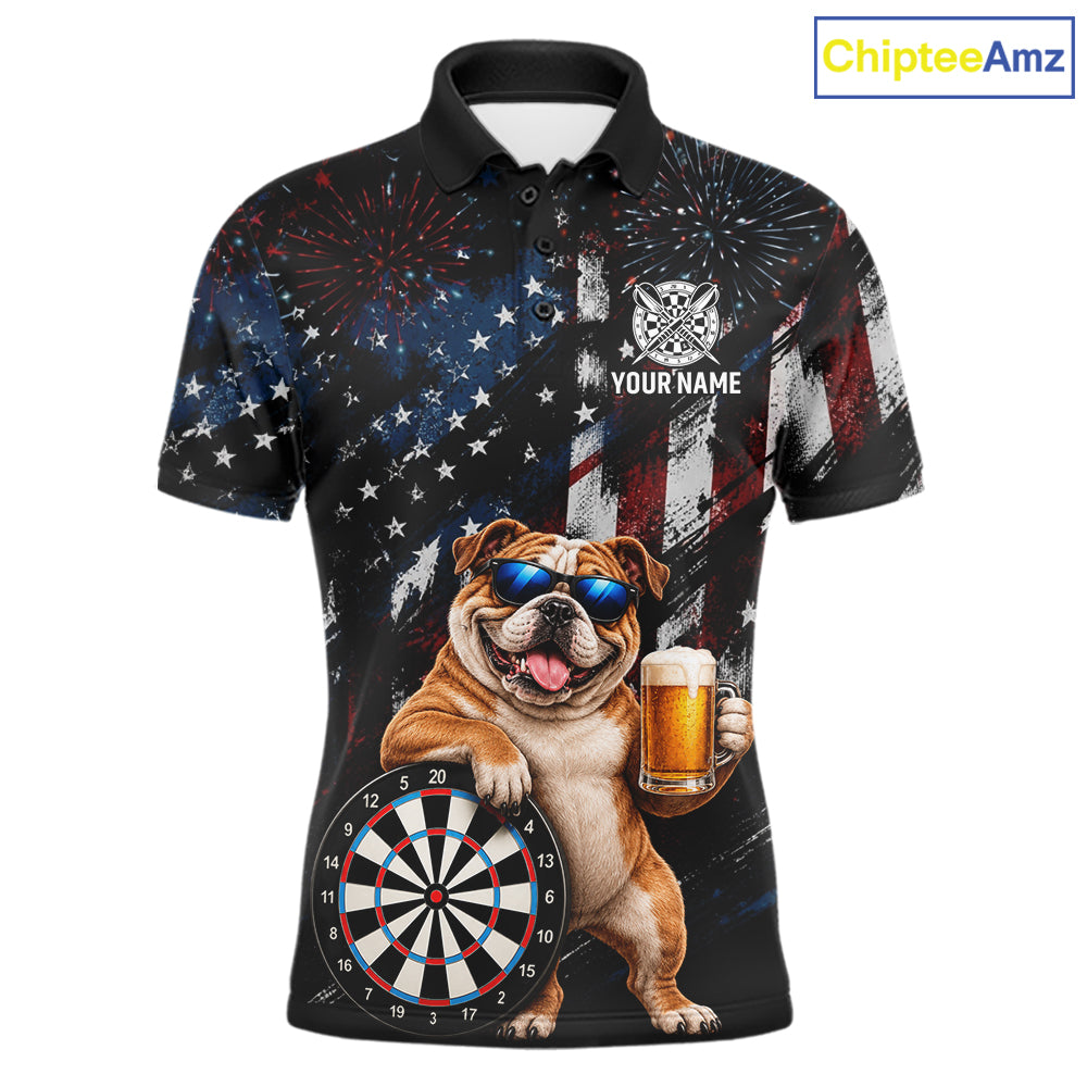 Funny Bulldog Grunge American Flag Darts Shirt For Men Custom Darts Jersey Team Polo & 1/4 Zip TDM7852