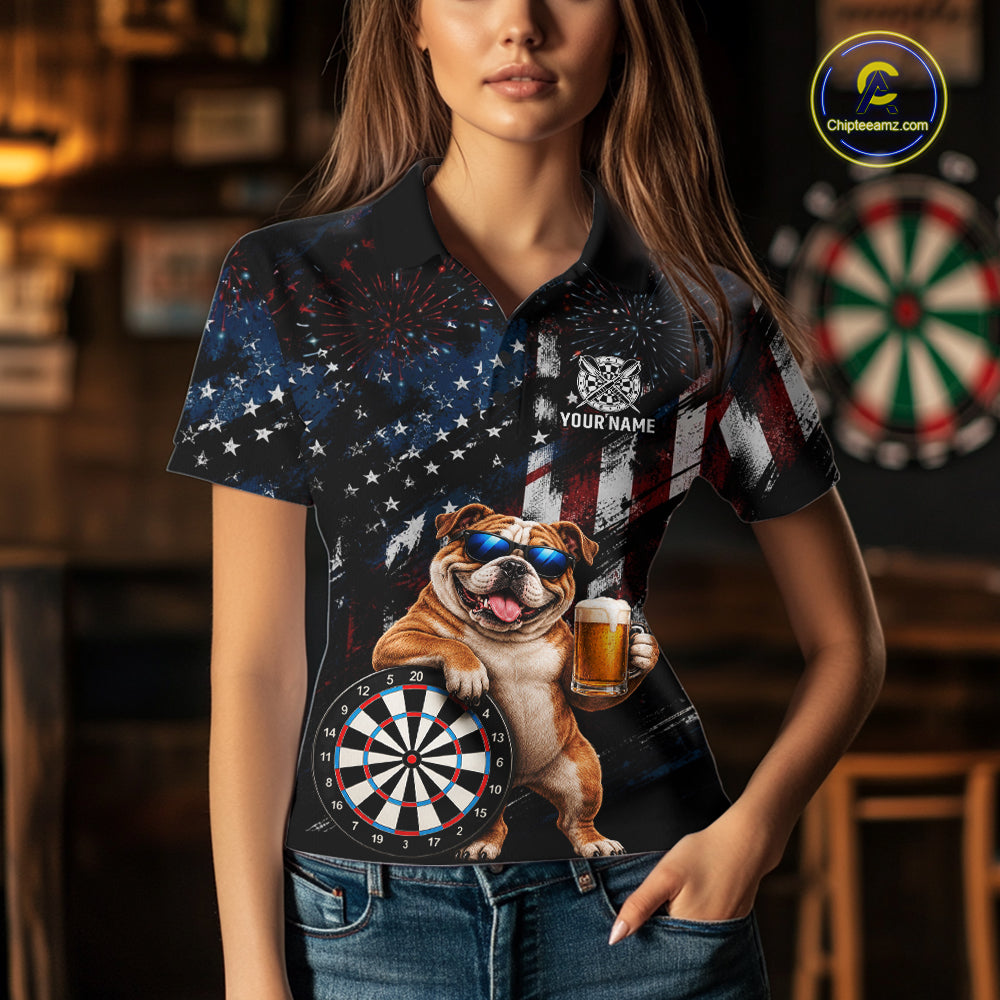 Funny Bulldog Grunge American Flag Darts Shirt For Women Custom Darts Jersey Team Polo & 1/4 Zip TDM7852