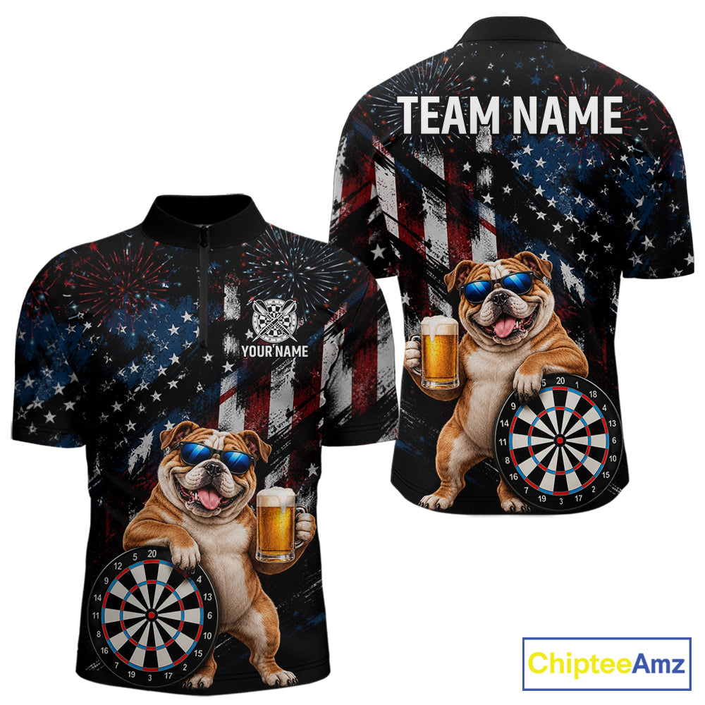Funny Bulldog Grunge American Flag Darts Shirt For Men Custom Darts Jersey Team Polo & 1/4 Zip TDM7852