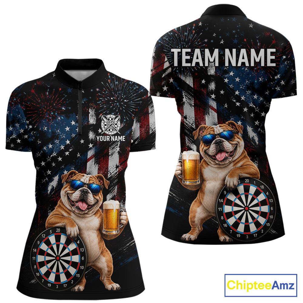 Funny Bulldog Grunge American Flag Darts Shirt For Women Custom Darts Jersey Team Polo & 1/4 Zip TDM7852