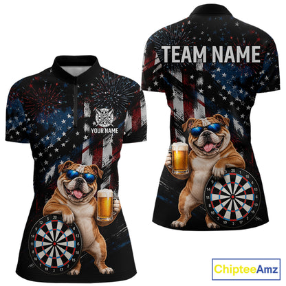 Funny Bulldog Grunge American Flag Darts Shirt For Women Custom Darts Jersey Team Polo & 1/4 Zip TDM7852