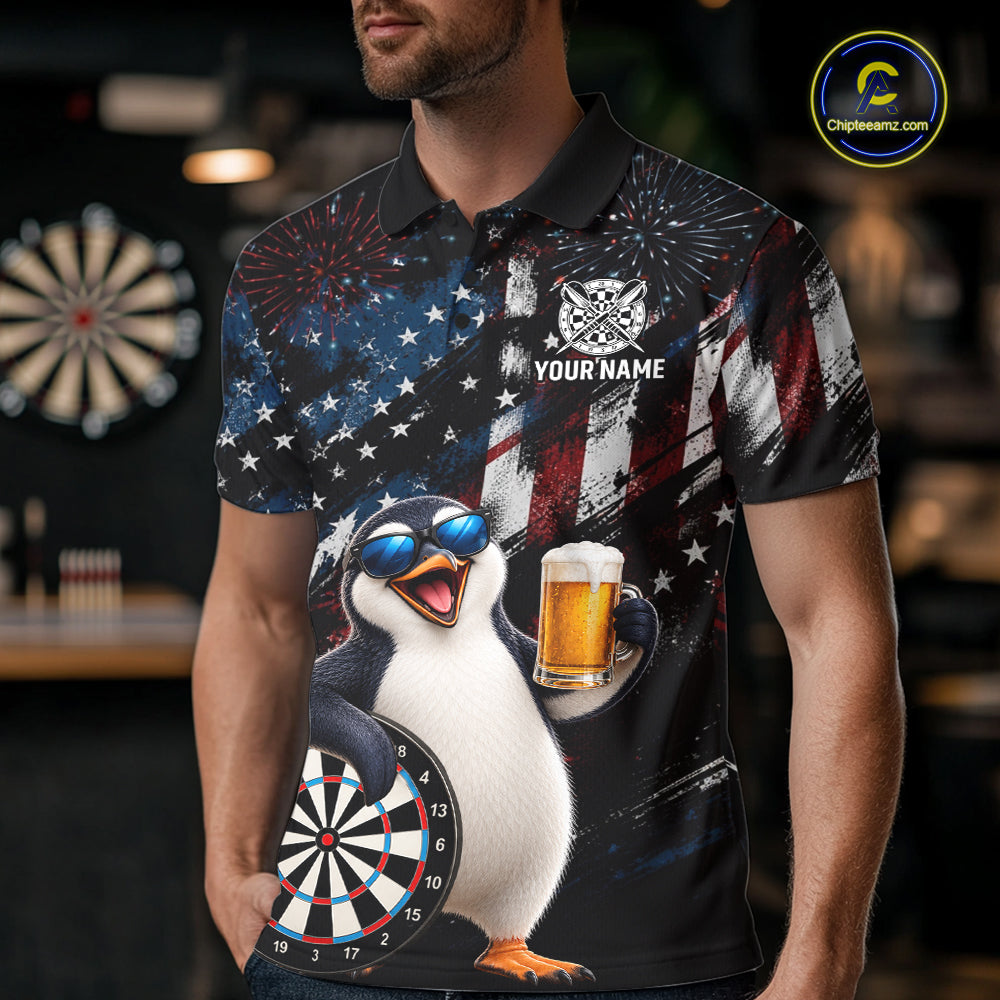 Funny Penguin Grunge American Flag Darts Shirt For Men Custom Darts Jersey Team Polo & 1/4 Zip TDM7853
