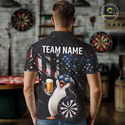 Funny Penguin Grunge American Flag Darts Shirt For Men Custom Darts Jersey Team Polo & 1/4 Zip TDM7853