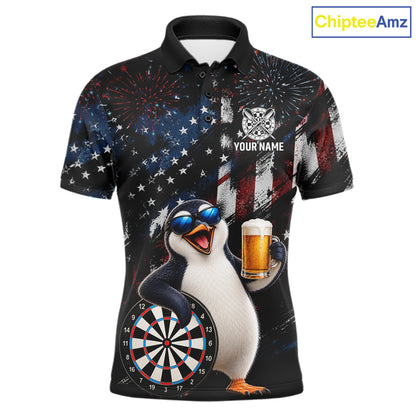 Funny Penguin Grunge American Flag Darts Shirt For Men Custom Darts Jersey Team Polo & 1/4 Zip TDM7853