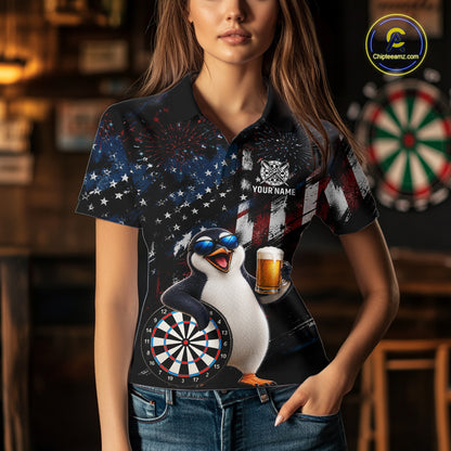 Funny Penguin Grunge American Flag Darts Shirt For Women Custom Darts Jersey Team Polo & 1/4 Zip TDM7853