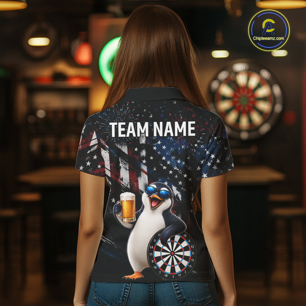 Funny Penguin Grunge American Flag Darts Shirt For Women Custom Darts Jersey Team Polo & 1/4 Zip TDM7853