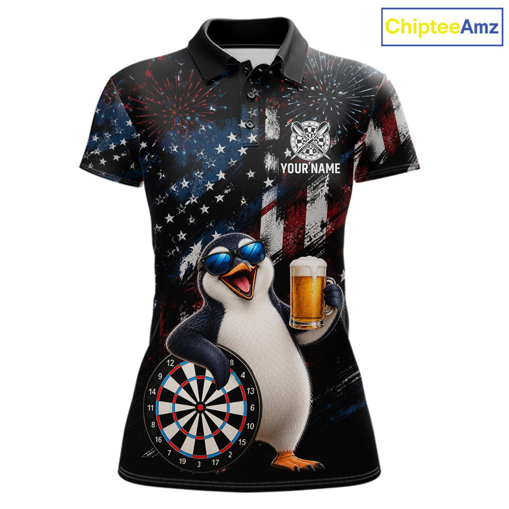 Funny Penguin Grunge American Flag Darts Shirt For Women Custom Darts Jersey Team Polo & 1/4 Zip TDM7853