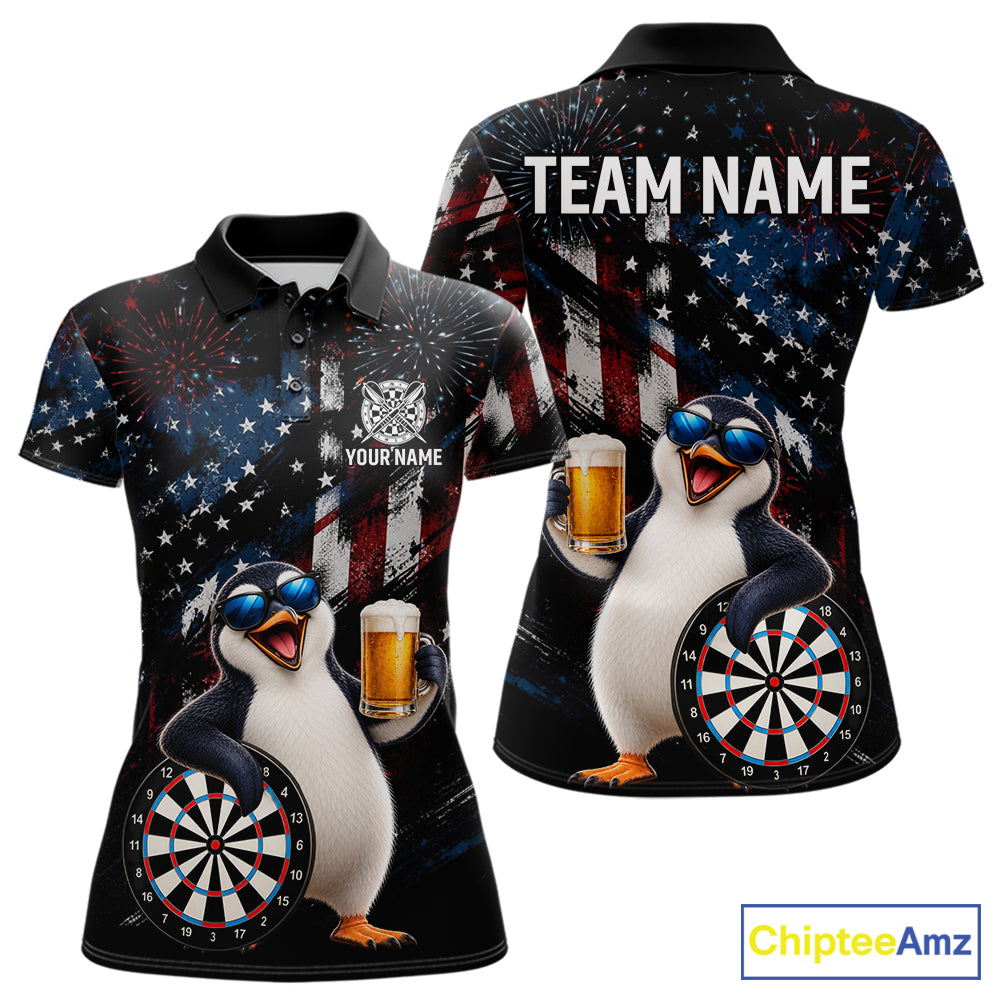 Funny Penguin Grunge American Flag Darts Shirt For Women Custom Darts Jersey Team Polo & 1/4 Zip TDM7853