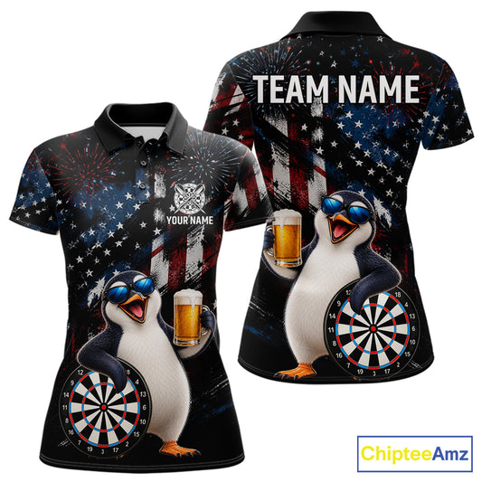 Funny Penguin Grunge American Flag Darts Shirt For Women Custom Darts Jersey Team Polo & 1/4 Zip TDM7853