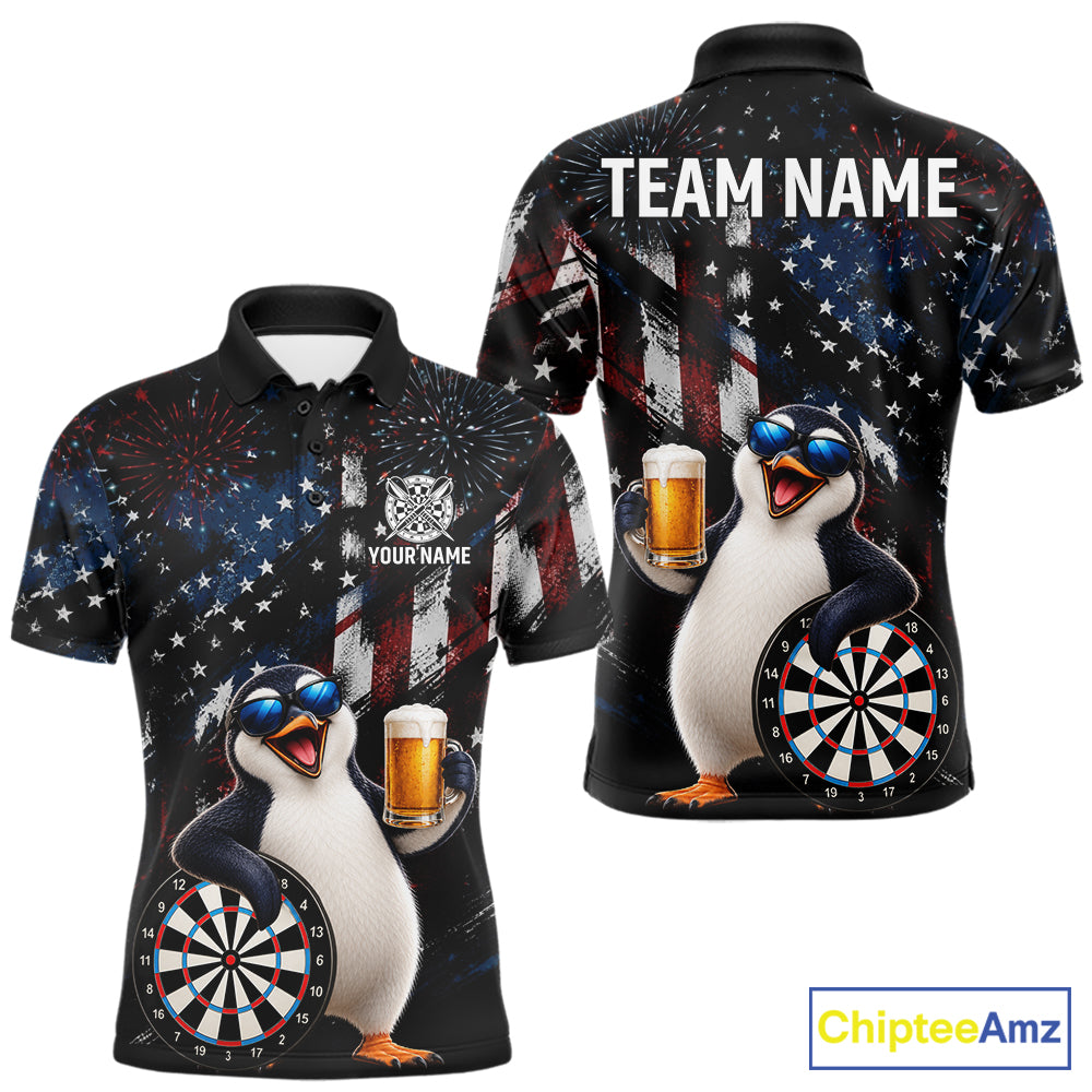 Funny Penguin Grunge American Flag Darts Shirt For Men Custom Darts Jersey Team Polo & 1/4 Zip TDM7853