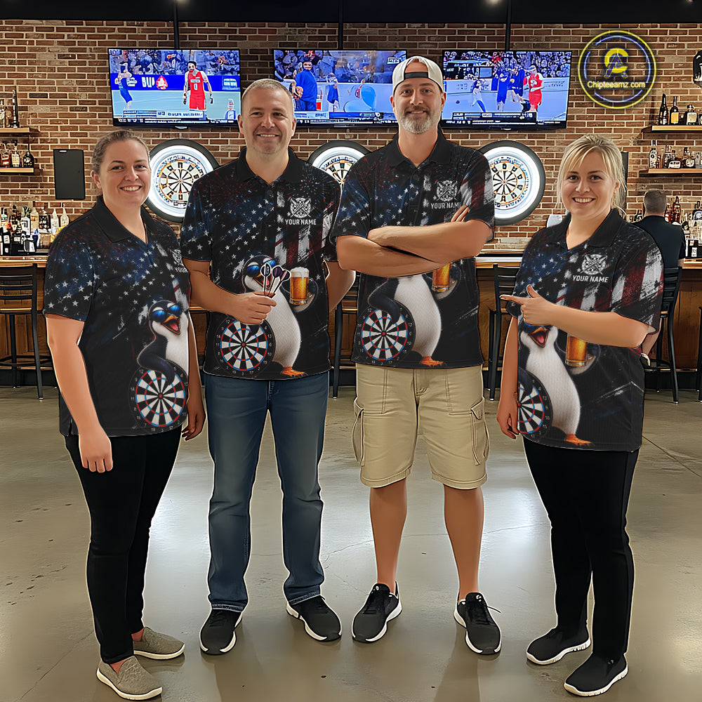 Funny Penguin Grunge American Flag Darts Shirt For Men Custom Darts Jersey Team Polo & 1/4 Zip TDM7853