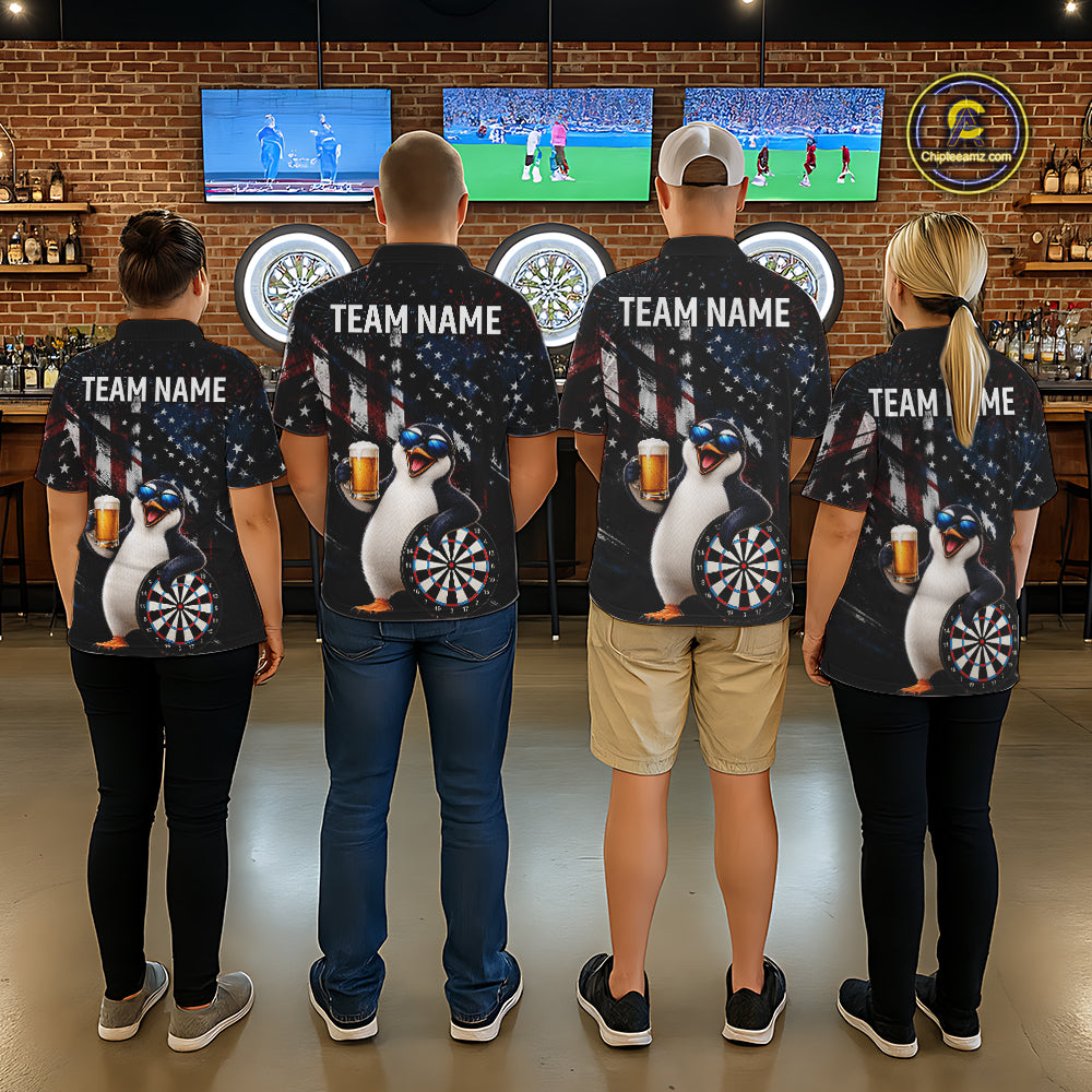 Funny Penguin Grunge American Flag Darts Shirt For Men Custom Darts Jersey Team Polo & 1/4 Zip TDM7853