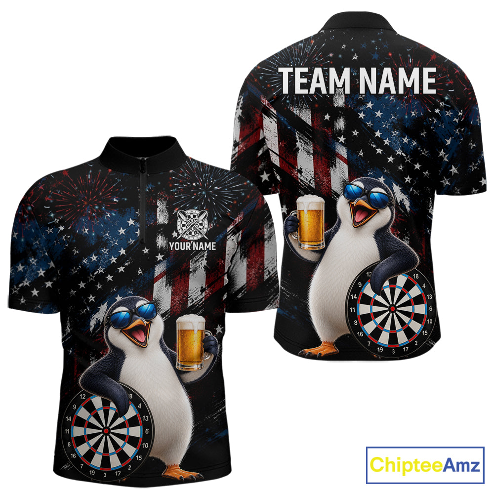 Funny Penguin Grunge American Flag Darts Shirt For Men Custom Darts Jersey Team Polo & 1/4 Zip TDM7853