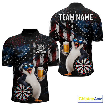 Funny Penguin Grunge American Flag Darts Shirt For Men Custom Darts Jersey Team Polo & 1/4 Zip TDM7853