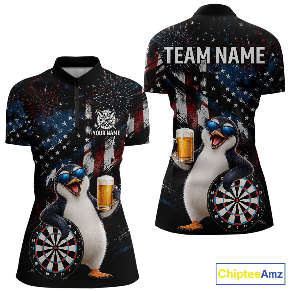 Funny Penguin Grunge American Flag Darts Shirt For Women Custom Darts Jersey Team Polo & 1/4 Zip TDM7853