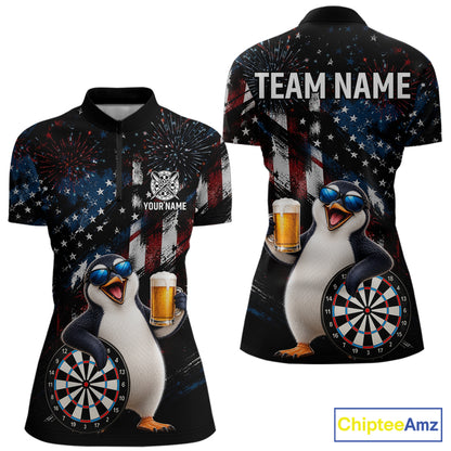 Funny Penguin Grunge American Flag Darts Shirt For Women Custom Darts Jersey Team Polo & 1/4 Zip TDM7853