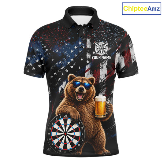 Funny Bear Grunge American Flag Darts Shirt For Men Custom Darts Jersey Team Polo & 1/4 Zip TDM7854
