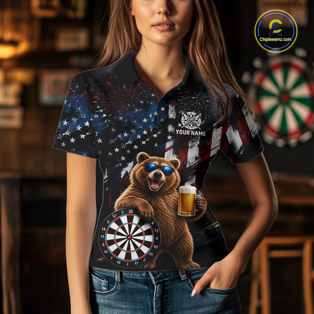 Funny Bear Grunge American Flag Darts Shirt For Women Custom Darts Jersey Team Polo & 1/4 Zip TDM7854