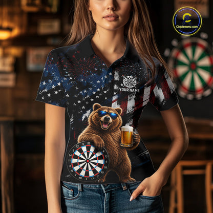 Funny Bear Grunge American Flag Darts Shirt For Women Custom Darts Jersey Team Polo & 1/4 Zip TDM7854