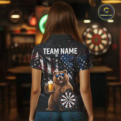 Funny Bear Grunge American Flag Darts Shirt For Women Custom Darts Jersey Team Polo & 1/4 Zip TDM7854