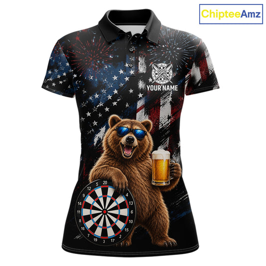 Funny Bear Grunge American Flag Darts Shirt For Women Custom Darts Jersey Team Polo & 1/4 Zip TDM7854