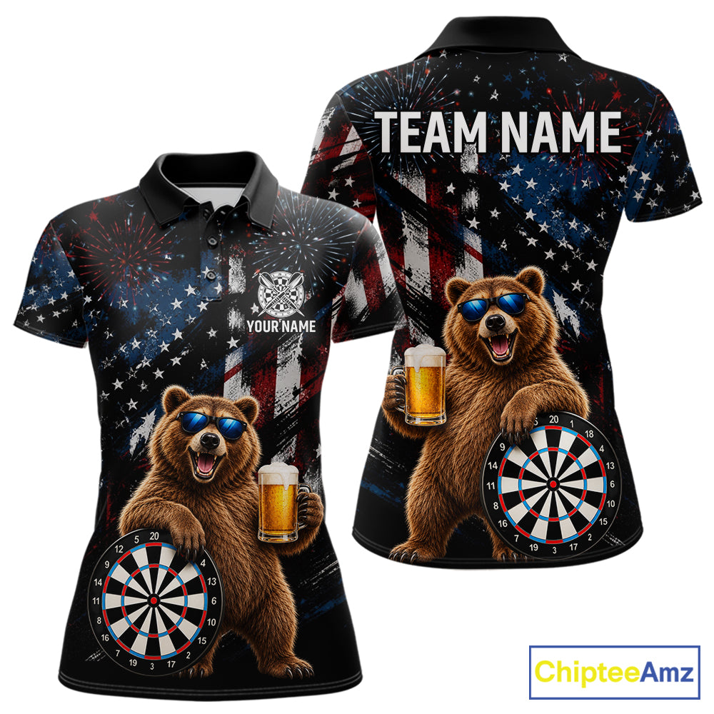 Funny Bear Grunge American Flag Darts Shirt For Women Custom Darts Jersey Team Polo & 1/4 Zip TDM7854