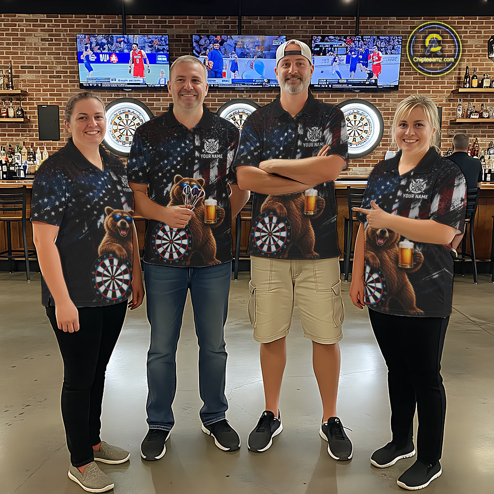 Funny Bear Grunge American Flag Darts Shirt For Women Custom Darts Jersey Team Polo & 1/4 Zip TDM7854
