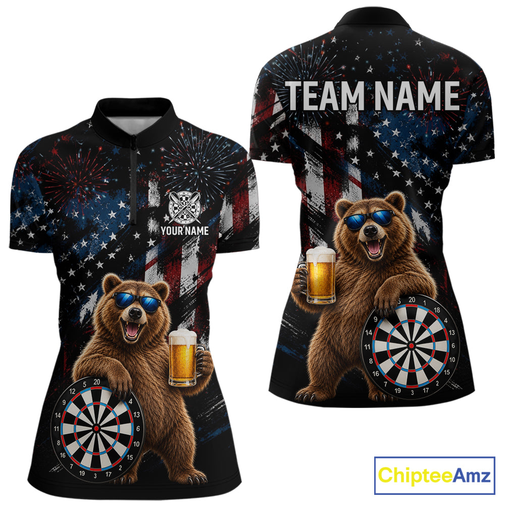 Funny Bear Grunge American Flag Darts Shirt For Women Custom Darts Jersey Team Polo & 1/4 Zip TDM7854
