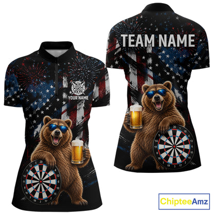 Funny Bear Grunge American Flag Darts Shirt For Women Custom Darts Jersey Team Polo & 1/4 Zip TDM7854