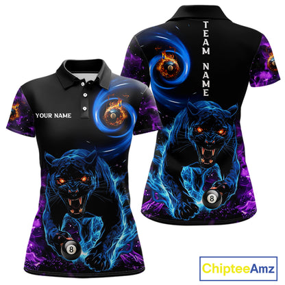 Personalized Blue Purple  Flaming 3D Panther Billiard Shirts For Women, Cool Team Billiard Jerseys TDM5196
