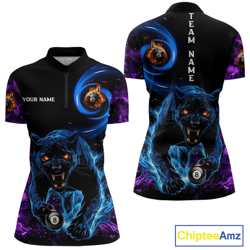 Personalized Blue Purple  Flaming 3D Panther Billiard Shirts For Women, Cool Team Billiard Jerseys TDM5196