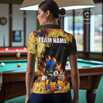 Personalized Billiard Flame Funny 8 Ball Pool Polo & 1/4 Zip For Women Custom Billiard Team Jersey TDM5201