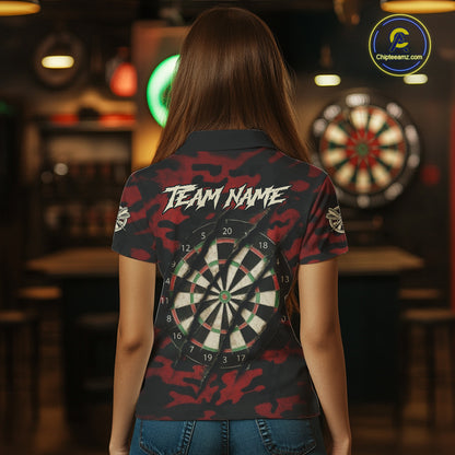 Black And Red Retro Camo Darts Shirt For Women Custom Darts Jersey Team Polo & Quarter Zip TDM5456