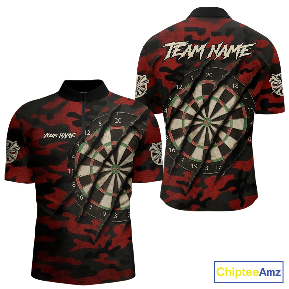 Black And Red Retro Camo Darts Shirt For Men Custom Darts Jersey Team Polo & Quarter Zip TDM5456