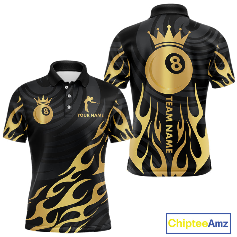 Custom Crown 8 Ball Billiard Shirt For Men, Black And Gold Pool Team Jersey Polo & Quarter Zip TDM5457