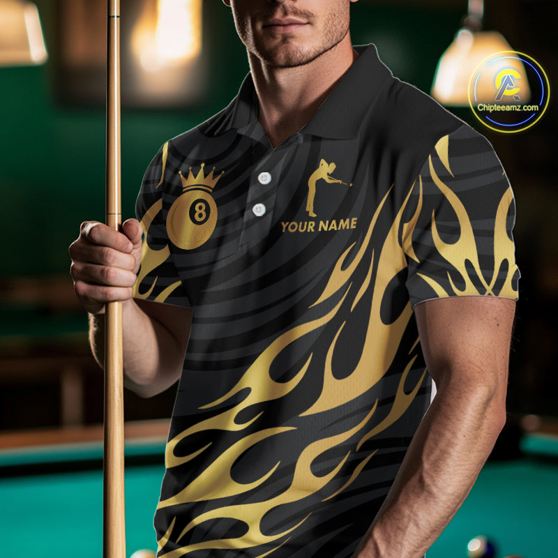Custom Crown 8 Ball Billiard Shirt For Men, Black And Gold Pool Team Jersey Polo & Quarter Zip TDM5457
