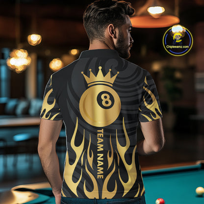 Custom Crown 8 Ball Billiard Shirt For Men, Black And Gold Pool Team Jersey Polo & Quarter Zip TDM5457