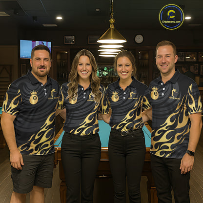 Custom Crown 8 Ball Billiard Shirt For Women, Black And Gold Pool Team Jersey Polo & Quarter Zip TDM5457