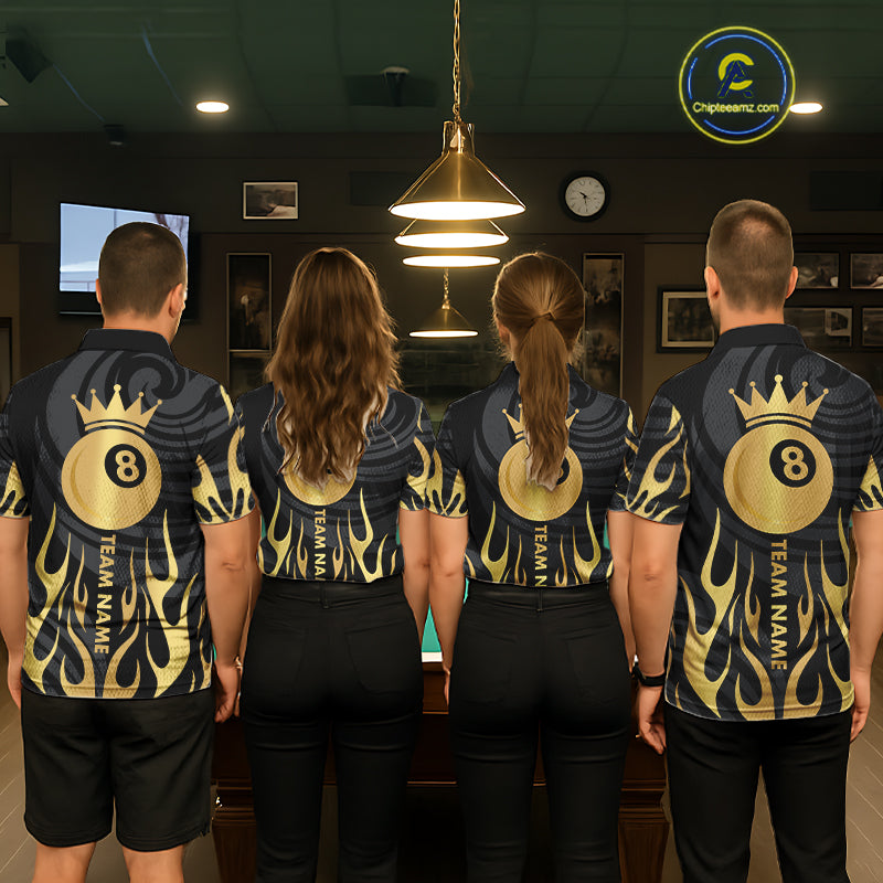 Custom Crown 8 Ball Billiard Shirt For Women, Black And Gold Pool Team Jersey Polo & Quarter Zip TDM5457