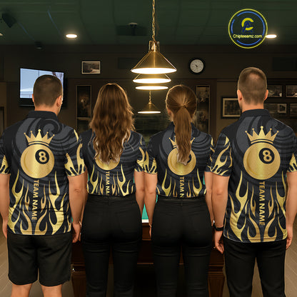 Custom Crown 8 Ball Billiard Shirt For Women, Black And Gold Pool Team Jersey Polo & Quarter Zip TDM5457