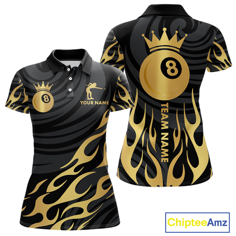 Custom Crown 8 Ball Billiard Shirt For Women, Black And Gold Pool Team Jersey Polo & Quarter Zip TDM5457