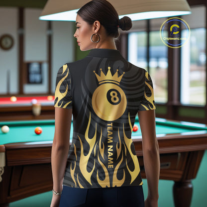 Custom Crown 8 Ball Billiard Shirt For Women, Black And Gold Pool Team Jersey Polo & Quarter Zip TDM5457